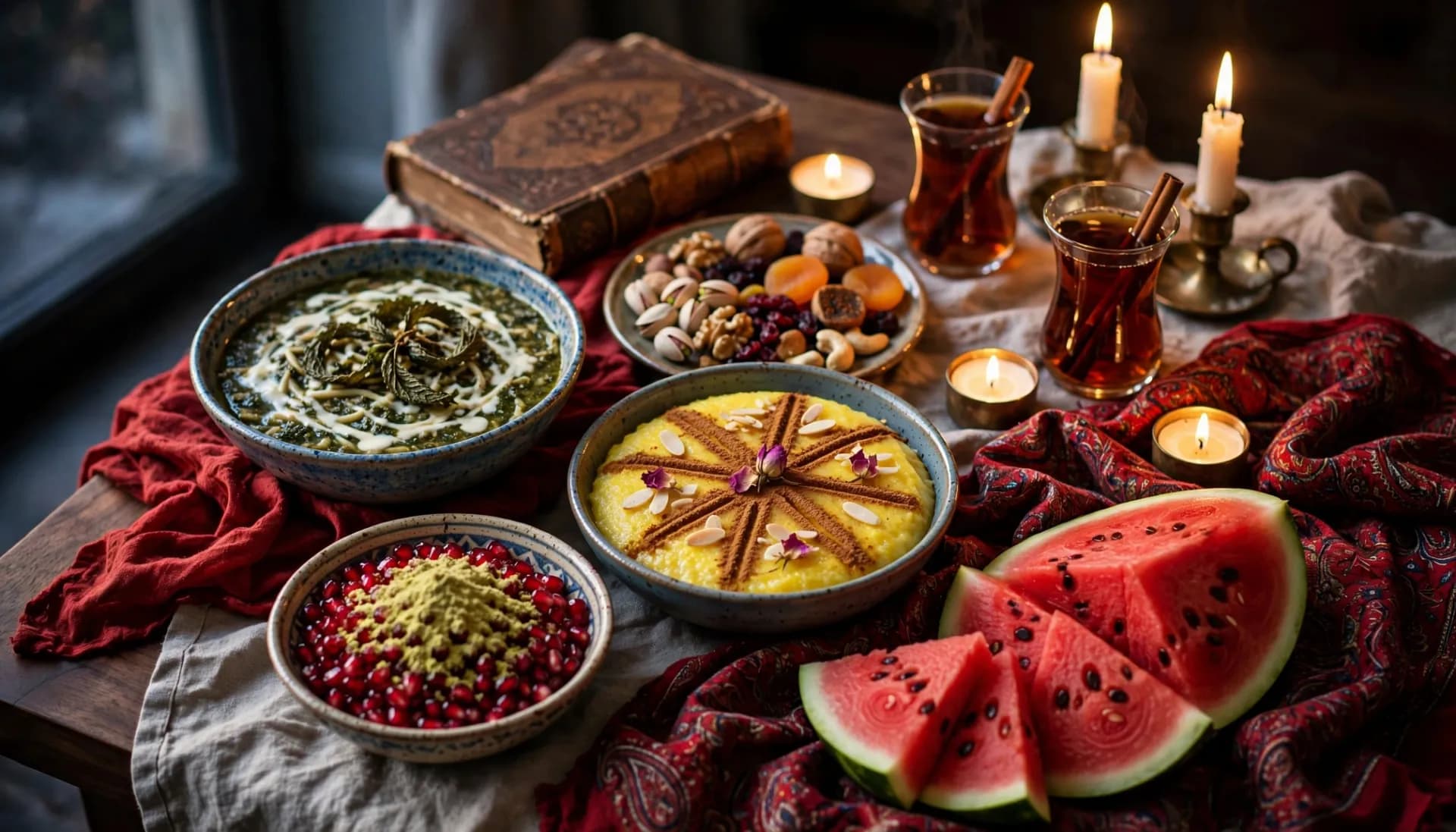 سفرهٔ شب یلدا با انار و گلپر، هندوانه، شله‌زرد، آش رشته و چای دارچینی