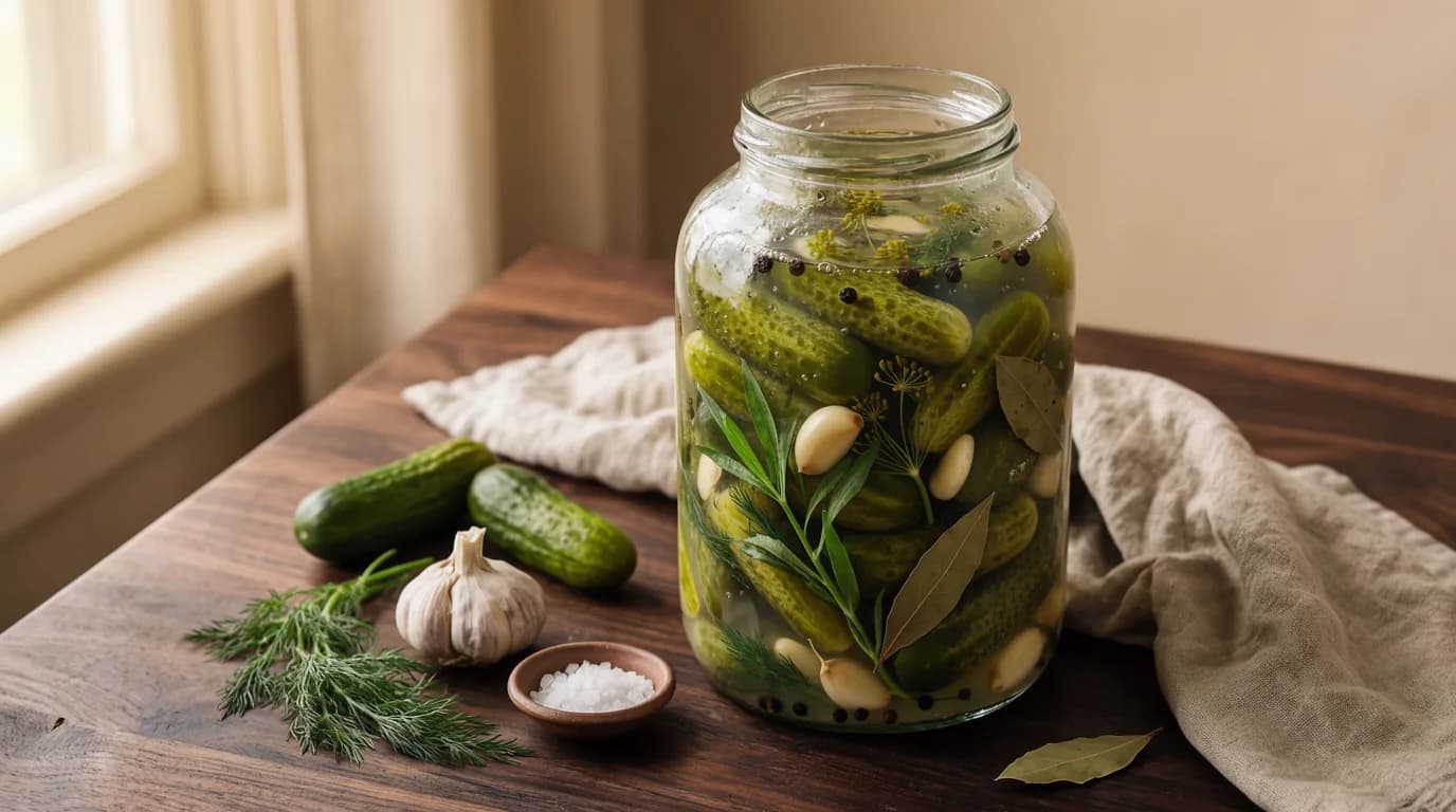 خیار شور خانگی در شیشه با سیر، شوید و ترخون