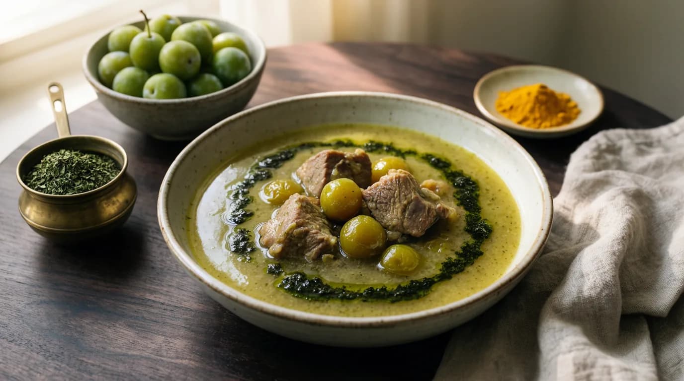 خورش آلوچه با گوجه‌سبز و نعناع داغ در کاسه سفالی