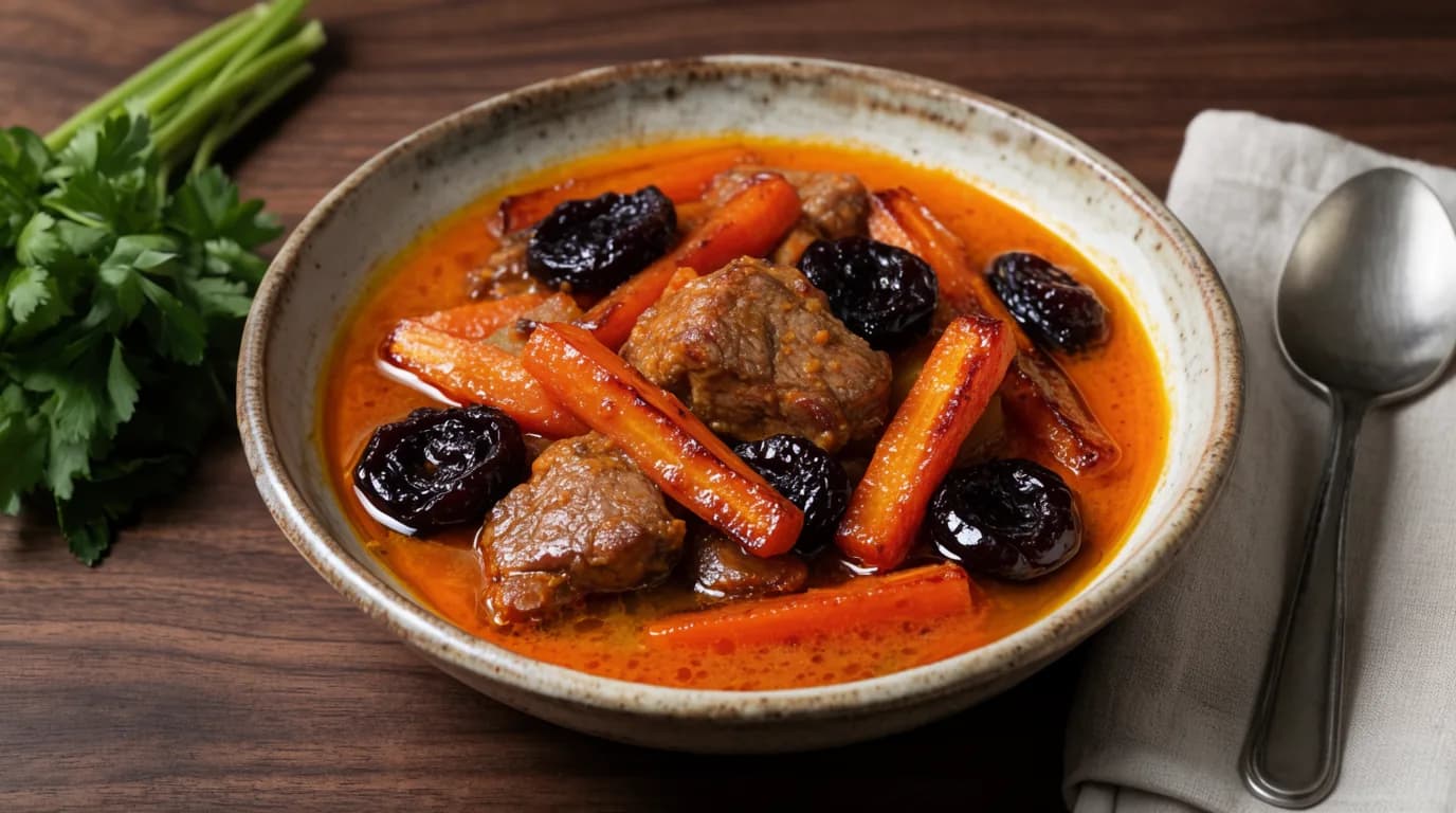 خورش هویج با خلال هویج کاراملی و آلو در کاسه سفالی