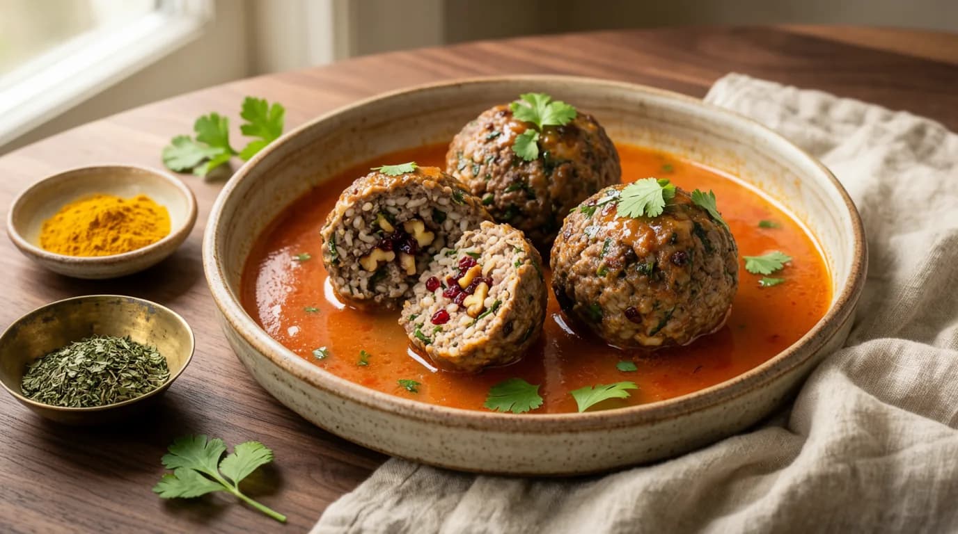 کوفته برنجی با مغز گردو و زرشک در سس گوجه، همراه نعناع خشک