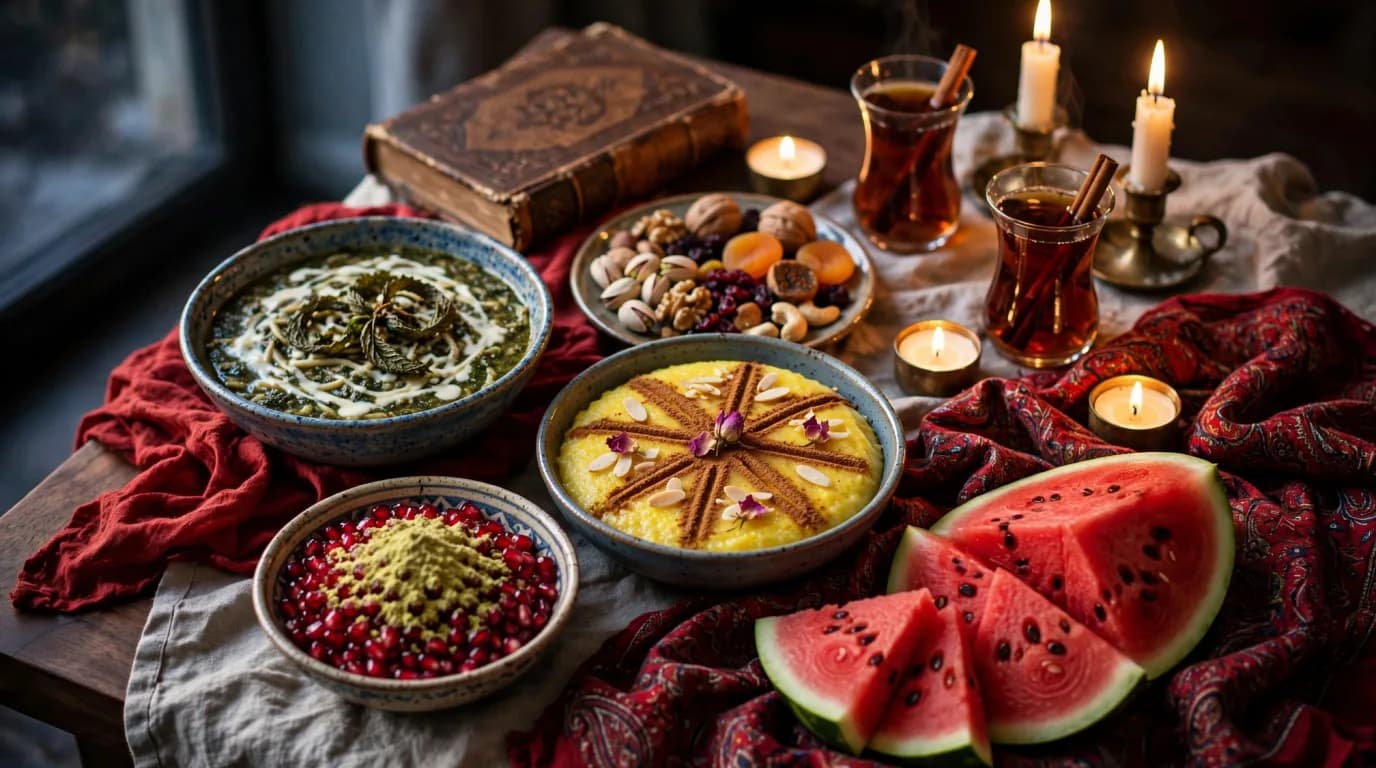 سفره شب یلدا با انار، هندوانه، شله‌زرد و آش رشته