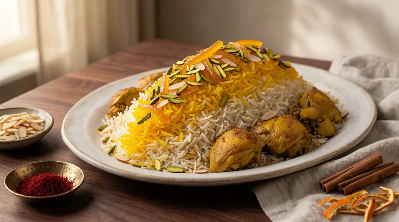 شیرین پلو با خلال نارنج، پسته و بادام همراه مرغ زعفرانی
