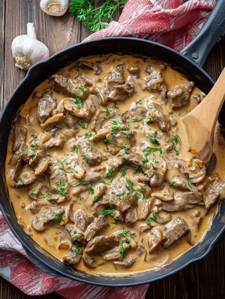 طرز تهیه بیف استروگانف؛ خورش گوشت و قارچ خامهای