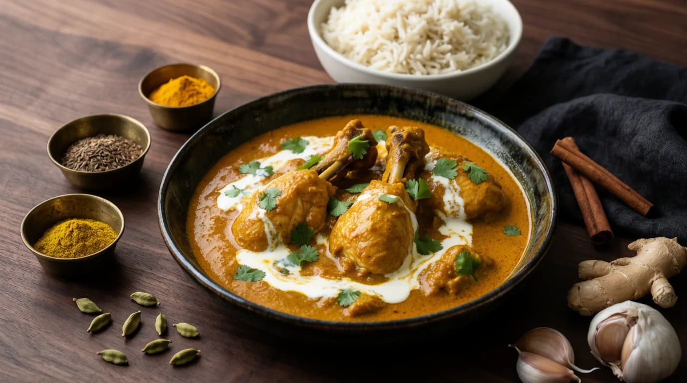 کاری مرغ هندی در کاسه سفالی همراه برنج باسماتی و ادویهها