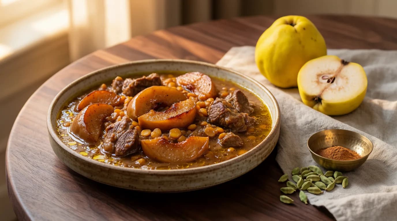 خورش به با قاچهای کاراملیشده به و لپه در ظرف سفالی