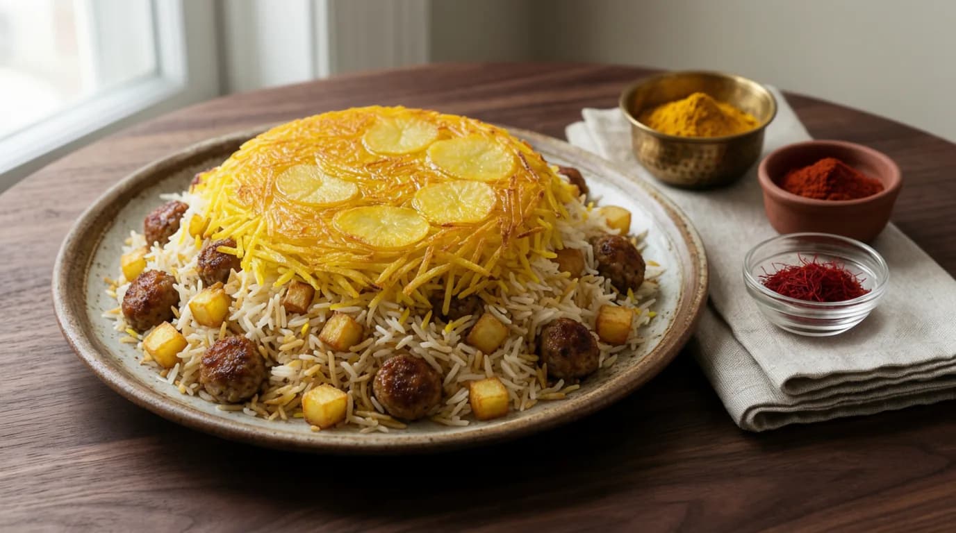 سیبزمینی پلو با گوشت قلقلی و تهدیگ طلایی سیبزمینی