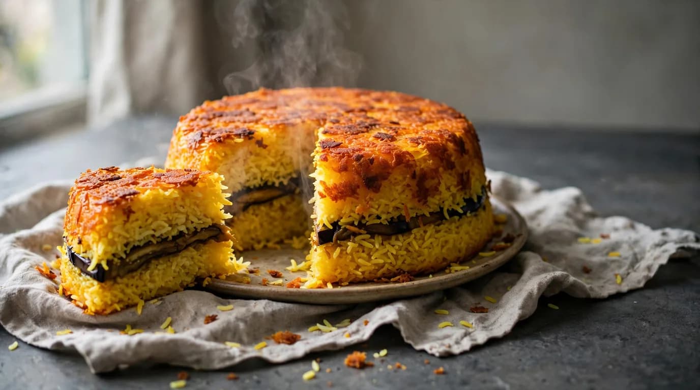 طرز تهیه تهچین بادمجان مجلسی؛ کیک برنجی خوشرنگ و ترد